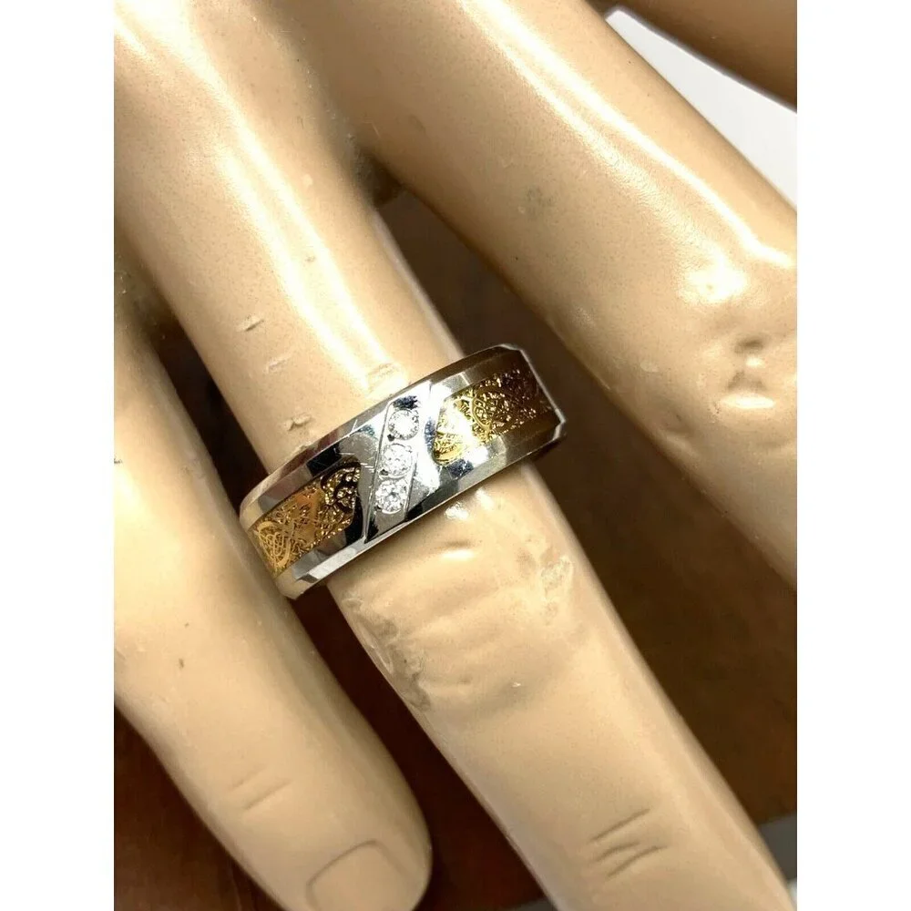 Men's Wedding Band Two Tone Steel 0.03ctw Diamond 8mm Wide Ring Size 10.75